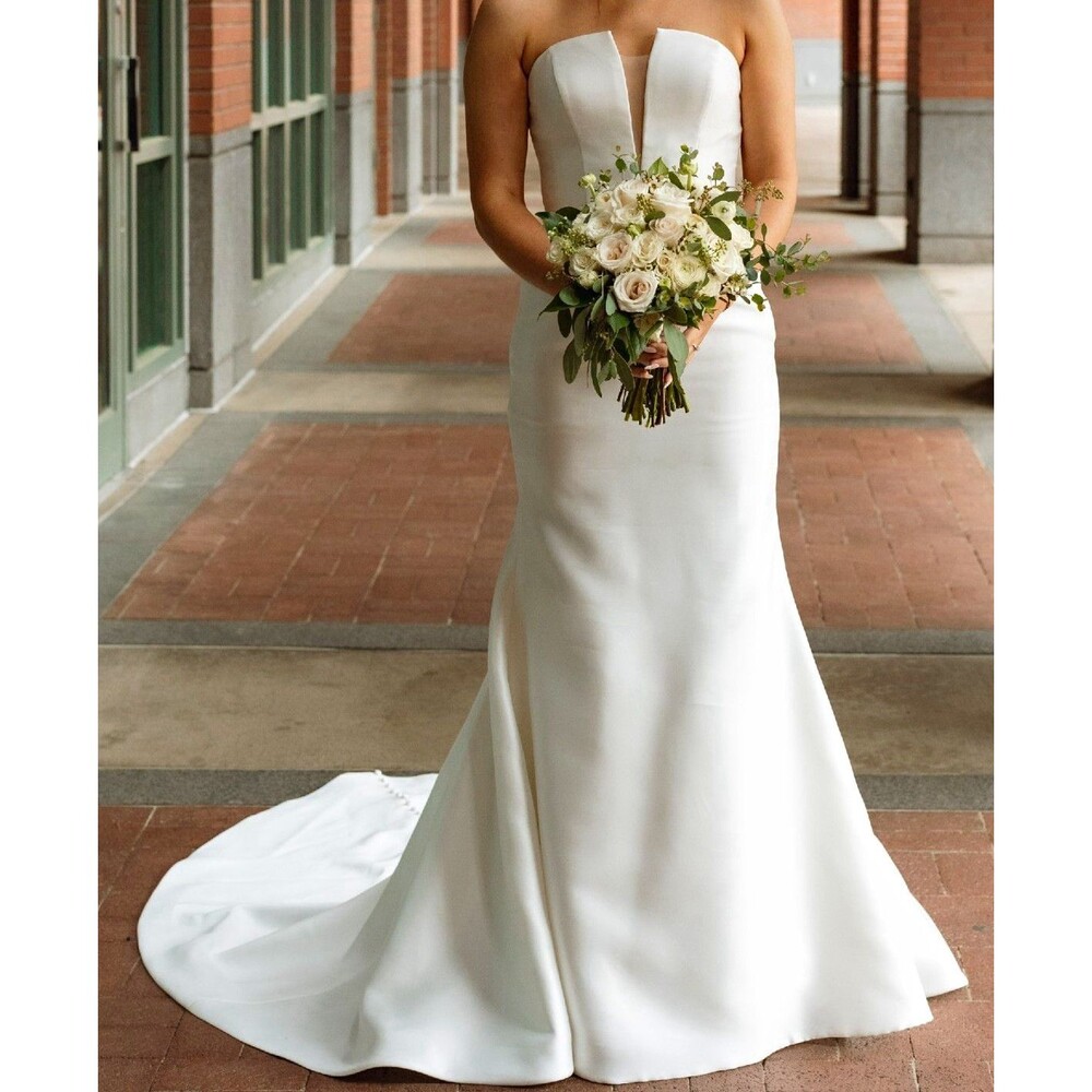 Strapless fit and flare mikado silk Paloma Blanco wedding gown, style 5005